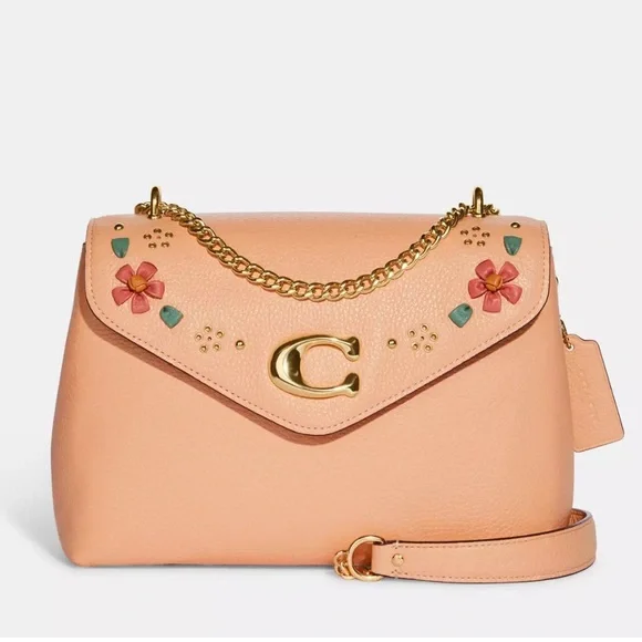 Like NEW! Coach Pink Tammie Shoulder Bag w/ Floral Whipstitch + Matching Wallet - Picture 4 of 16